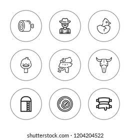 Cow icon set. collection of 9 outline cow icons with bull skull, chicken, cowboy, ham, harvest, netherlands, ostrich, ribs icons. editable icons.