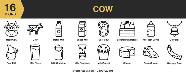 Cow icon set. Includes beef cow, cheese, cow bell, milk container, sausage cow, and More. Outline icons vector collection.