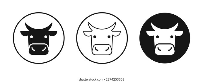 Cow icon set. Muzzle of a horned cow, cattle symbol, silhouette and line design, farm concept