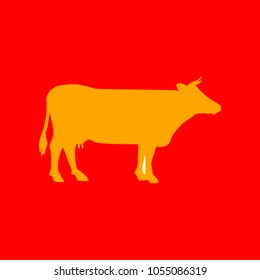 Cow icon. Vector. Orange icon with white holes if exist at red background. Isolated.