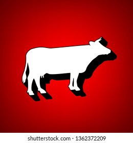 Cow icon. Vector. Perspective view of white icon with black outline at reddish background.
