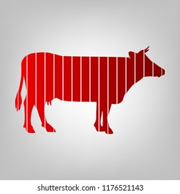 Cow icon. Vector. Vertically divided icon with colors from reddish gradient in gray background with light in center.