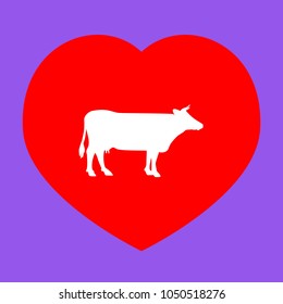 Cow icon. Vector. White icon in red heart at lavender background.