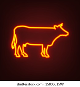 Cow icon. Yellow, orange, red neon icon at dark reddish background. Illumination. Illustration.