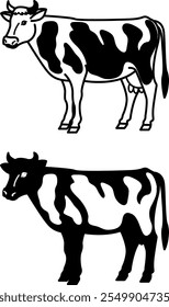 Cow Icons. Black and White Vector Illustration. Female Cattle. Agriculture, Farming. Cow with Horns, Tail, and Hooves. For Coloring Book Design. Domestic Animals Concept