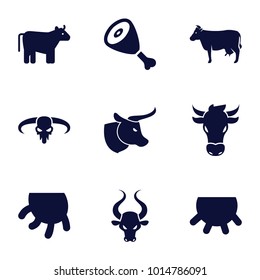 Cow icons. set of 9 editable filled cow icons such as cow, udder, beef, bull skull