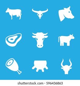 cow icons set. Set of 9 cow filled icons such as cow, udder, beef, bull skull