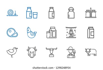 cow icons set. Collection of cow with ox, farmer, buffalo, chicken, milk, animals, hen, steaks, milk jar, straw bale. Editable and scalable cow icons.