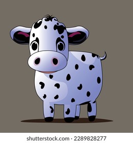 cow illustration, Cute vector cartoon style, cute animal mascot character, cattle domestic mammal, on gray background, for children's game, logo, children's book, animation, dairy product, card, etc.