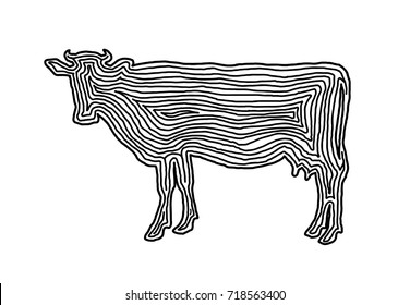 A cow illustration icon in black offset line. Fingerprint style for logo or background design.