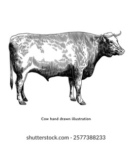 Cow illustration. Cow sketch. Cow hand drawn illustration in vintage engraving style