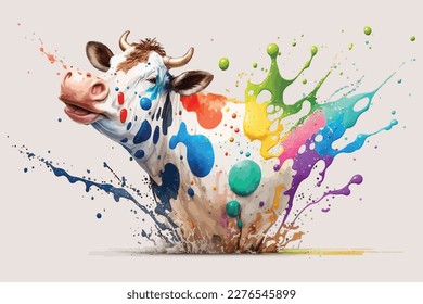 Cow Illustration Vector, Digital Watercolor Painting Style Graphic Design.