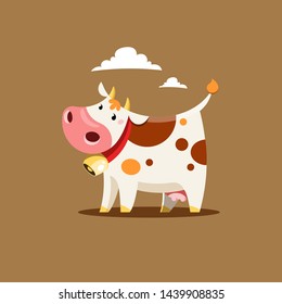 Cow isolated on brown background. Vector illustration of a cow in simple childish style.