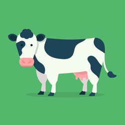 Cow Isolated On Green Background. Vector Illustration In Cartoon Flat Design Style