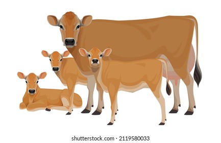 Cow Jersey with Calf - The Best Milk Cattle Breeds. Farm animals. Vector Illustration.