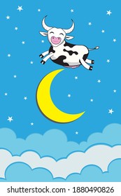 The cow jumped over the moon lyrics from Hey Diddle Diddle children song drawing funny cartoon vector