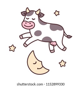 The cow jumped over the moon, from traditional nursery rhyme Hey Diddle Diddle. Cute cartoon vector illustration.