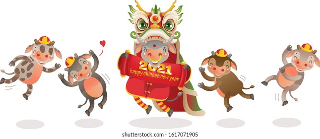 Cow jumping dragon head and Calfs personality. Chinese style. Red cheongsam dress. Bull zodiac symbol of the year 2021. Year of the ox. gestures and smiling. Cute cartoon style.