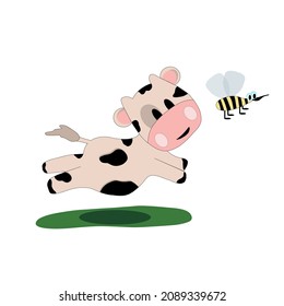 The cow jumps to catch the bee. catch a bee