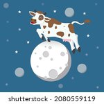 Cow jumps over the moon. Vector Illustration
