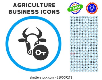 Cow Key rounded icon with agriculture commercial icon clipart. Vector illustration style is a flat iconic symbol inside a circle, blue and gray colors. Designed for web and software interfaces.