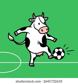 cow kicking a soccer ball, football cartoon character illustration, cattle and sports funny doodle