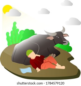 Cow And Kid Sleep in Eid Al Adha Family Mubarak