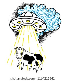 The cow is kidnapped by a UFO. Funny drawing, childish, funny. Drawing by hand.