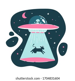 The cow is kidnapped by a UFO. Funny drawing, childish, funny. Drawing by hand. Isolated alien print. Flat vector illustration.