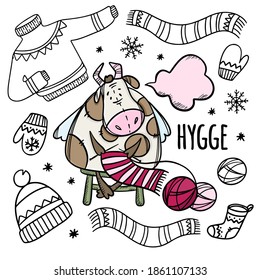 COW KNITS WARM WINTER THINGS New Year Merry Christmas Cartoon Winter Holiday Bull Hand Drawn Hygge Monochrome Clip Art Vector Illustration Set For Print