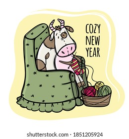 COW KNITS AND WISHES A COZY NEW YEAR Merry Christmas Cartoon Holiday Vacation Cute Animal Hand Drawn Clip Art Vector Illustration Set For Print