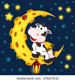 Cow And Ladybug On Moon - Vector Illustration, Eps