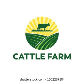 cow in the land field vector logo design concept template