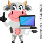 Cow with laptop, illustration, vector on white background.