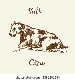 Cow laying side view, hand drawn doodle, sketch in pop art style, vector illustration