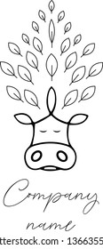 Cow with leaf. Grass Fed Beef Icon & Logo Illustration. 100% Organic Meat Modern Vector