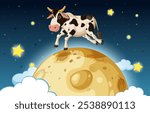 A cow leaps over the moon at night