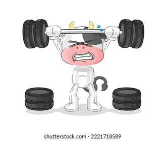 the cow lifting the barbell character. cartoon mascot vector