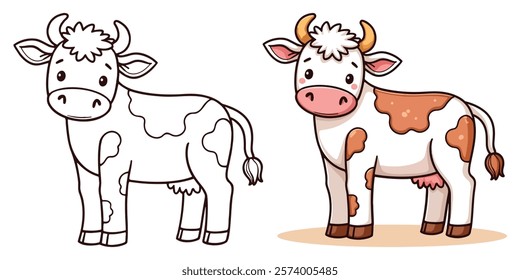 Cow Line Art Vector Outline Illustration Black and White with Coloring Sample. Bold and Easy Farm and Domestic Animal Coloring Pages for Adults and Kids.