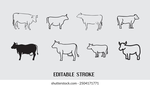 Cow line icon set, outline style icon set for web site or mobile app, animals and livestock, cow vector icon, simple vector illustration, vector graphics with editable strokes.