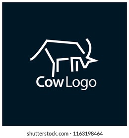 Cow line logo.  Vector Illustration on blue background. Flat design.  line logo