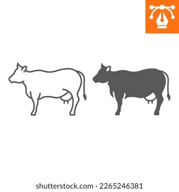 Línea de vaca e icono sólido, icono de estilo de contorno para sitio web o aplicación móvil, animales y ganado, icono de vector de vaca, ilustración vectorial simple, gráficos vectoriales con trazos editables.