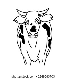 Cow linear doodle, hand drawing sketch isolated on white background. Milk, Dairy, animal concept