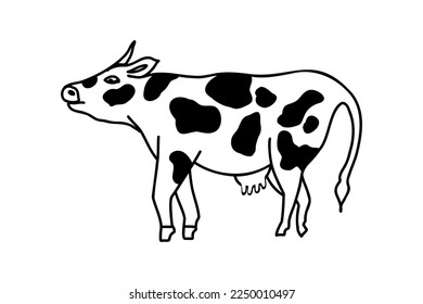 Doodle lineal de vaca, dibujo a mano aislado sobre fondo blanco. Leche, lácteos, concepto animal