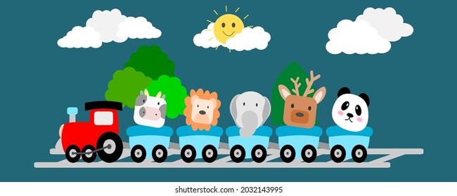 cow lion elephant deer panda cartoon animals travel. Zoo train, cute animal trains journey and funny pets traveling  character traveler vector background illustration
