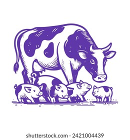 Cow and Little Piglets. Vector Monochrome Illustration on White Background.