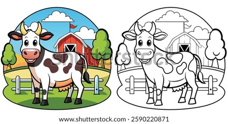 Cow Lively Barnyard Coloring Page For Kids. Farm Animals Cartoon Online Vector