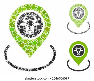 Cow location composition of inequal pieces in variable sizes and color tones, based on cow location icon. Vector bumpy pieces are grouped into collage. Cow location icons collage with dotted pattern.