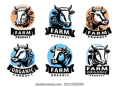 Elementos do logotipo de vaca. Conceito de produto alimentar agrícola orgânico saudável. Conjunto de emblemas, emblemas, carimbos ilustração vetorial