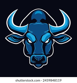 Cow logo silhouette facing forward with angry blue dominant color.